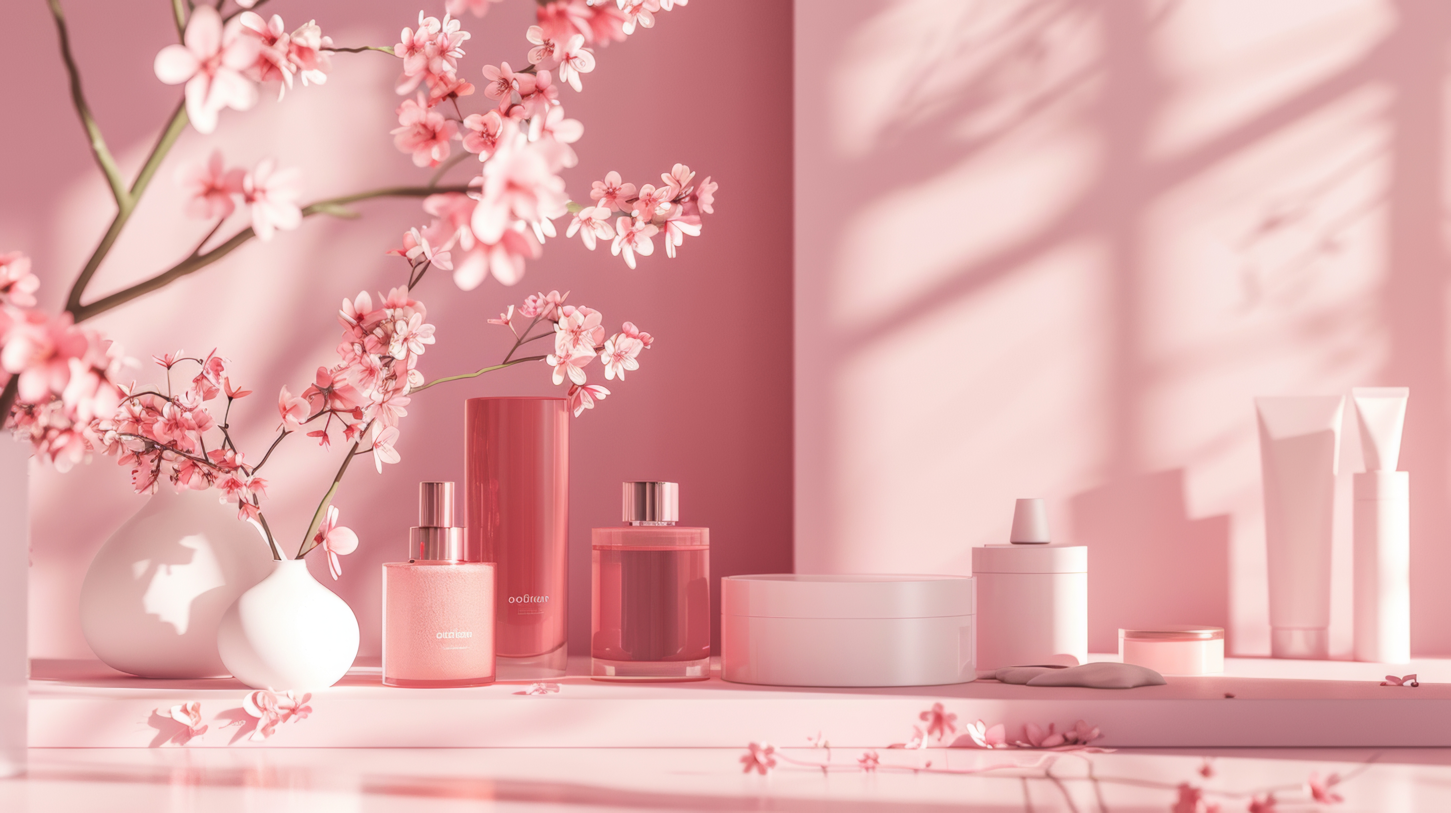 pink shelf with various bottles perfume flowers